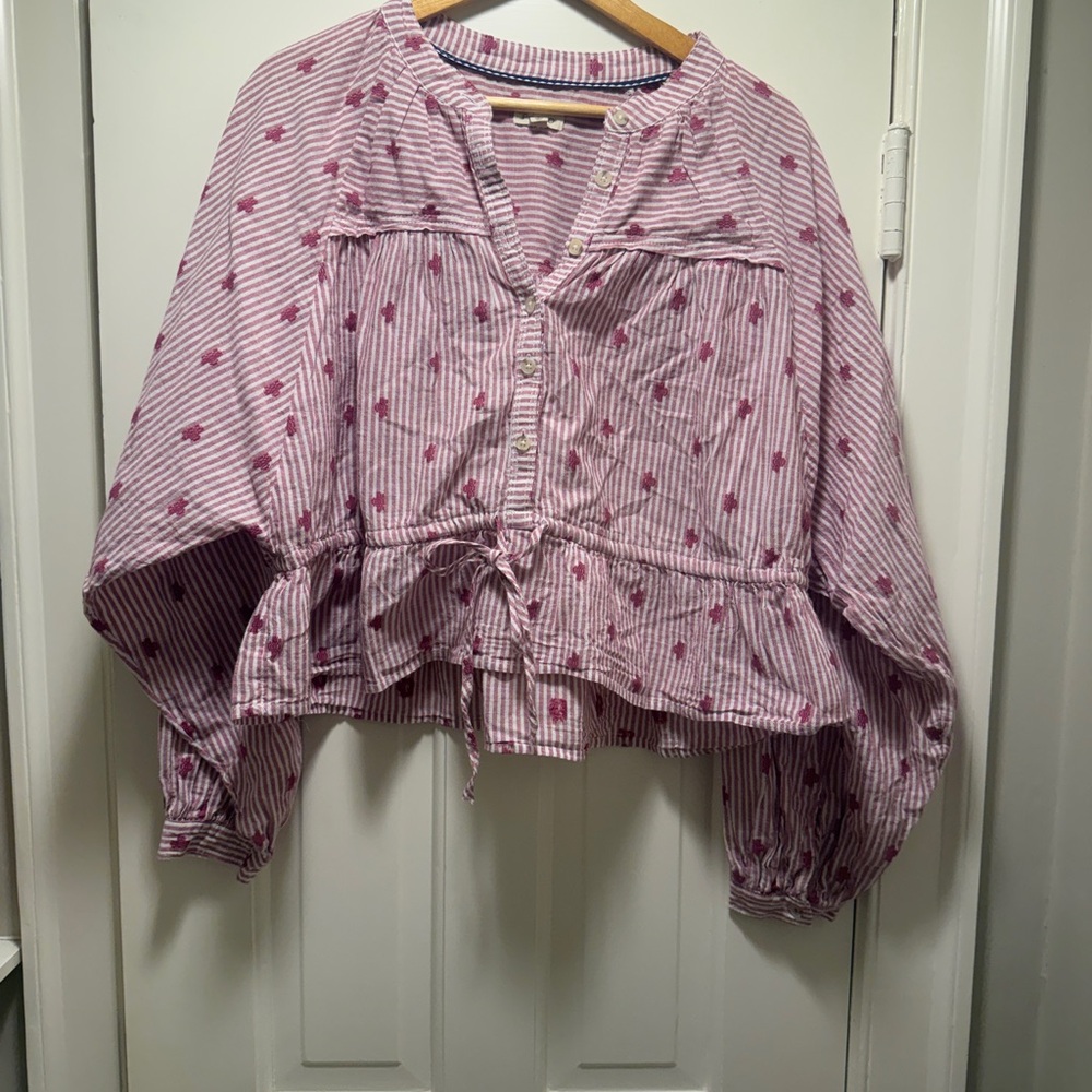 Pilcro Pink Striped Button-Front Peasant Blouse with Floral Motif - Picture 2 of 3